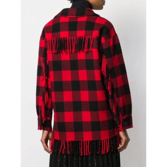 Sandro Paris Check Plaid Fringed-Trim Wool-Blend Jacket In Rouge/noir Red Size 4 - Picture 5 of 11